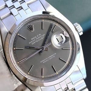 ROLEX VINTAGE DATEJUST MENS WATCH STEEL RARE GRAY INDEX DIAL W/ BOX & PAPER 36MM
